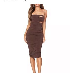 Revolve Nookie‎ Tia Midi Cut Out Chain Strap Dress in Mocha Brown Size M NWT